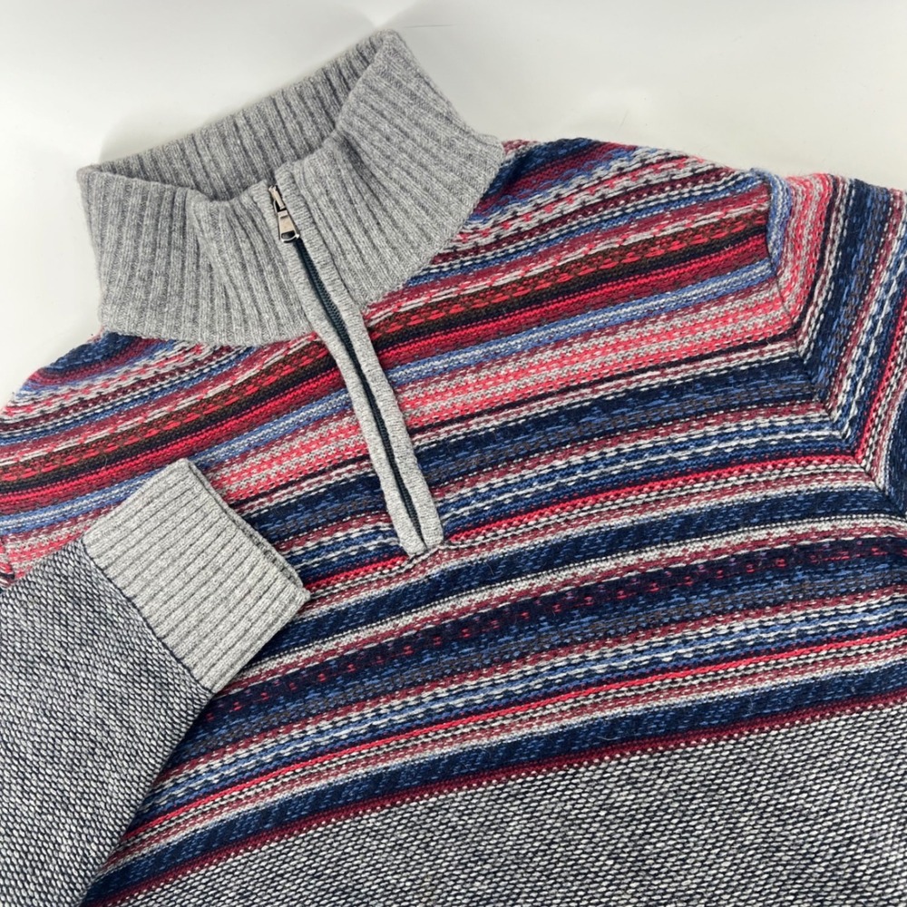 Gianetti Italy Wool Quarter Zip Reverse Knit Fair Isle Sweater Mens XL